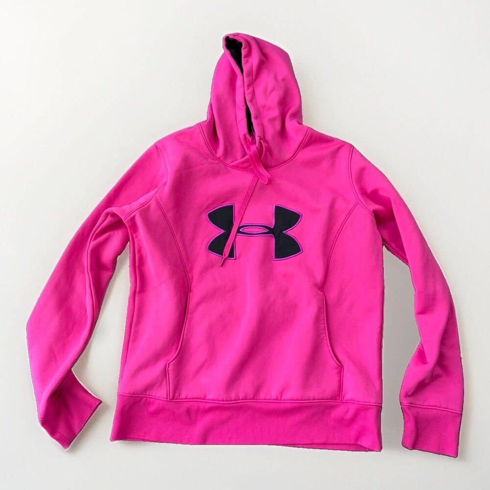 Under Armour Womens L Hoodie Pink Big Logo Pullover Fleece Sweatshirt